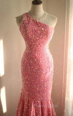 Sweet Pink Mermaid One Shoulder Sequined Pleated Long Formal Prom Dresses Backless Evening Dresses