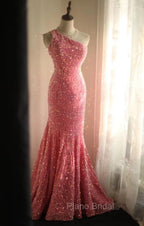 Sweet Pink Mermaid One Shoulder Sequined Pleated Long Formal Prom Dresses Backless Evening Dresses
