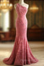 Sweet Pink Mermaid One Shoulder Sequined Pleated Long Formal Prom Dresses Backless Evening Dresses