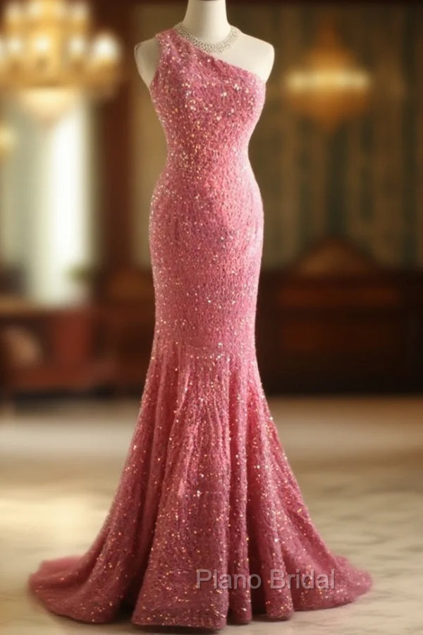 Sweet Pink Mermaid One Shoulder Sequined Pleated Long Formal Prom Dresses Backless Evening Dresses Main image
