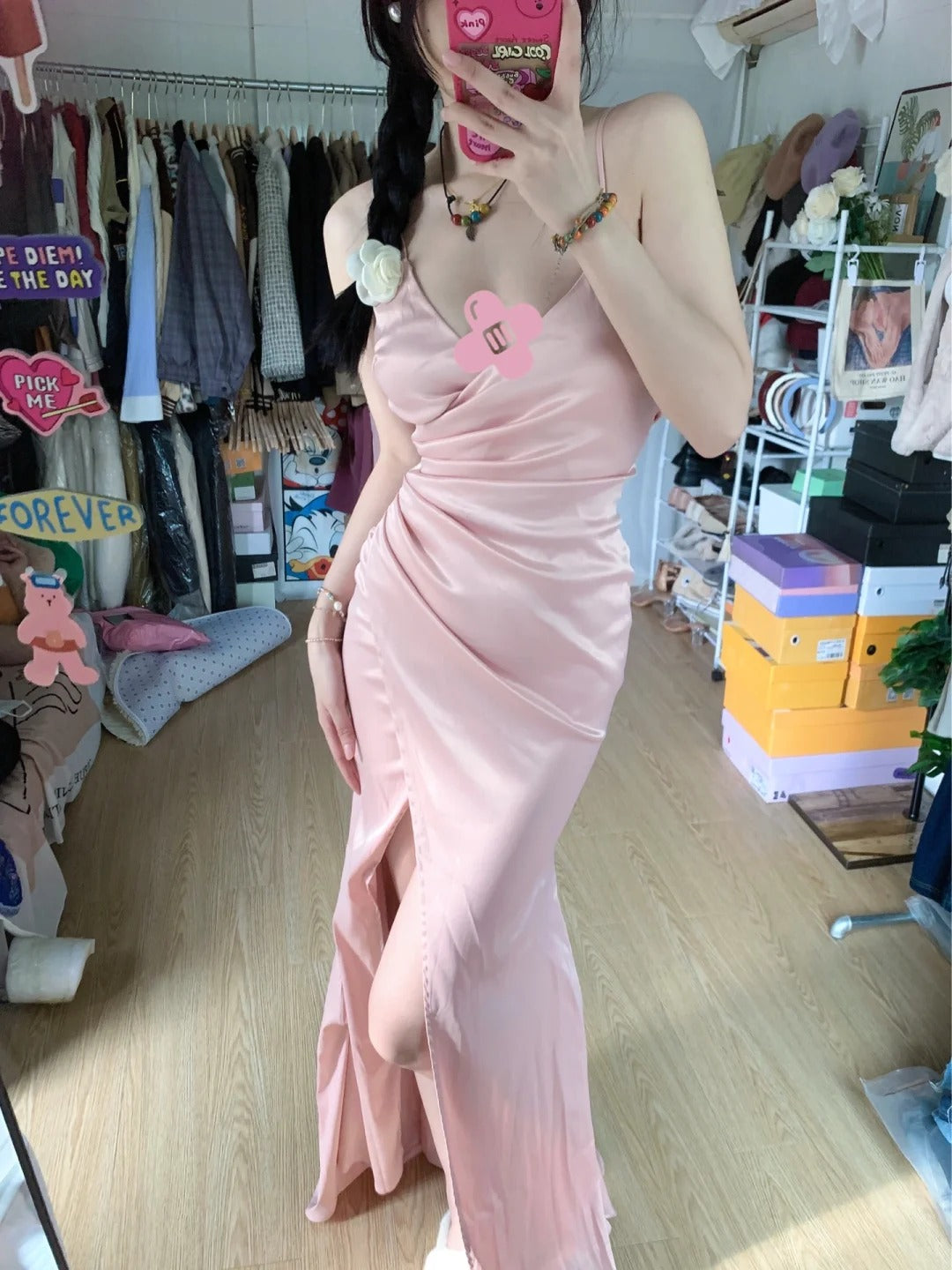 Sweet Pink Mermaid V-Neck Spaghetti Strap Satin Slit Long Formal Prom Dresses Secondary image