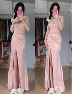 Sweet Pink Mermaid V-Neck Spaghetti Strap Satin Slit Long Formal Prom Dresses