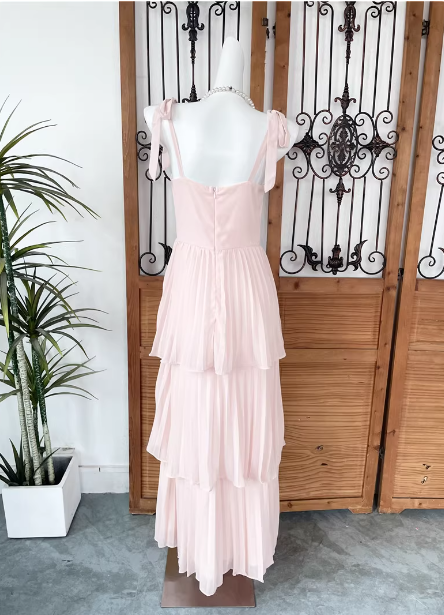 Sweet Pink Multi-Layered Tiered Bow Strap Chiffon Long Formal Prom Dresses