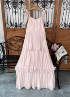 Sweet Pink Multi-Layered Tiered Bow Strap Chiffon Long Formal Prom Dresses