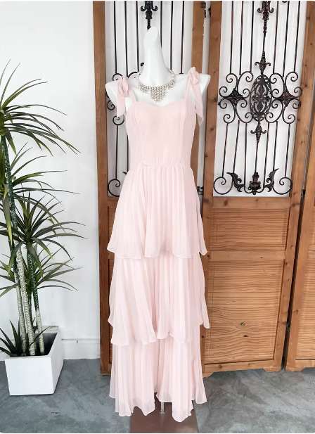 Sweet Pink Multi-Layered Tiered Bow Strap Chiffon Long Formal Prom Dresses Main image