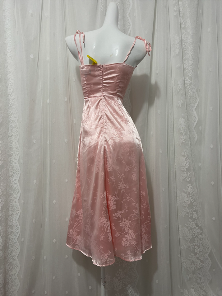 Sweet Pink Spaghetti Strap Embroidered Jacquard Satin Formal Prom Dresses