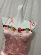Sweet Pink Spaghetti Strap Embroidered Jacquard Satin Formal Prom Dresses