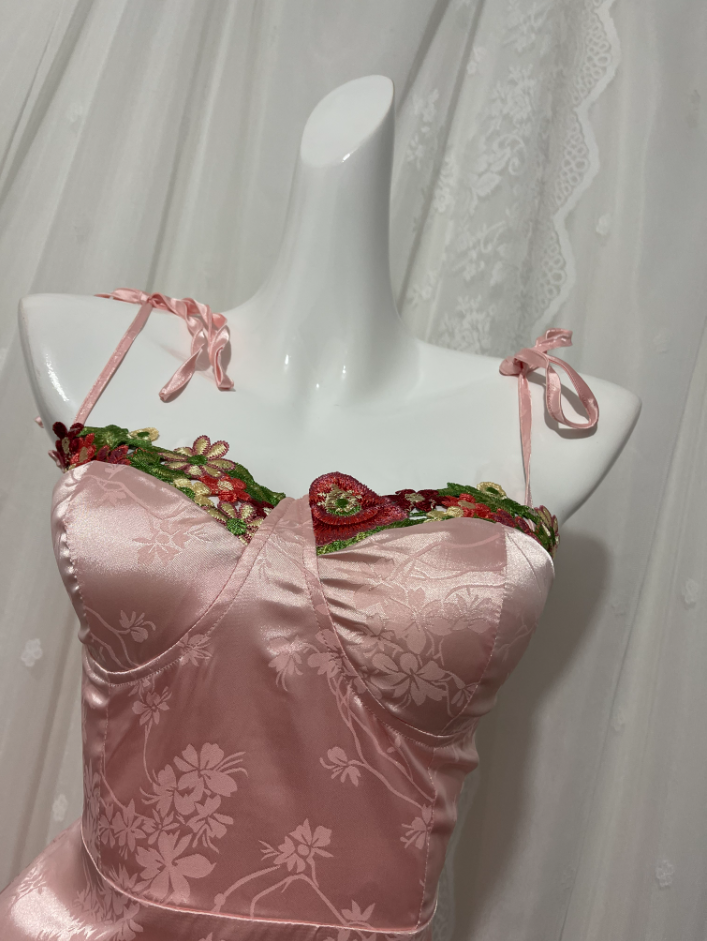 Sweet Pink Spaghetti Strap Embroidered Jacquard Satin Formal Prom Dresses