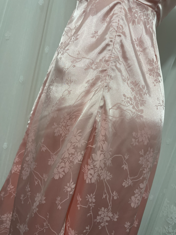 Sweet Pink Spaghetti Strap Embroidered Jacquard Satin Formal Prom Dresses