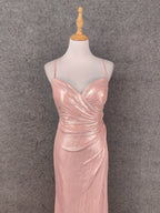 Sweet Pink Spaghetti Strap V-Neck Ruffled Open Back Satin Train Formal Prom Dresses Bridesmaid Dresses
