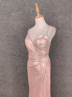 Sweet Pink Spaghetti Strap V-Neck Ruffled Open Back Satin Train Formal Prom Dresses Bridesmaid Dresses