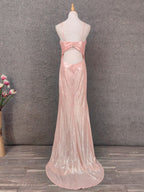 Sweet Pink Spaghetti Strap V-Neck Ruffled Open Back Satin Train Formal Prom Dresses Bridesmaid Dresses