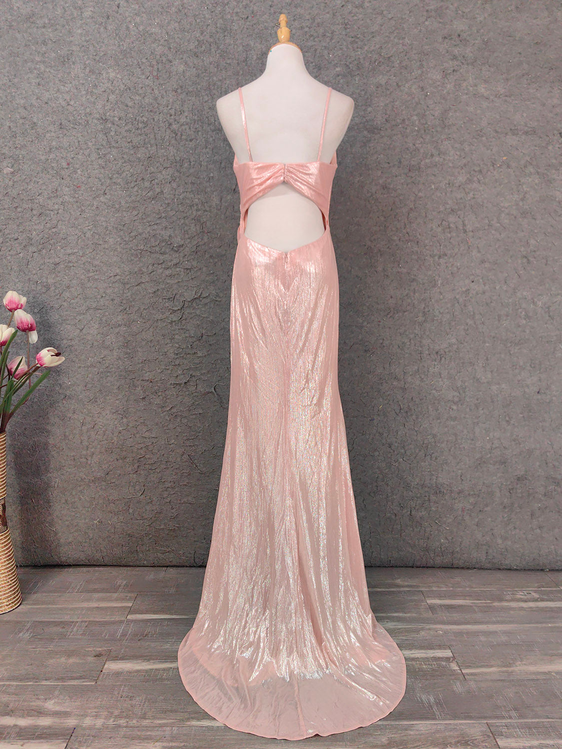 Sweet Pink Spaghetti Strap V-Neck Ruffled Open Back Satin Train Formal Prom Dresses Bridesmaid Dresses