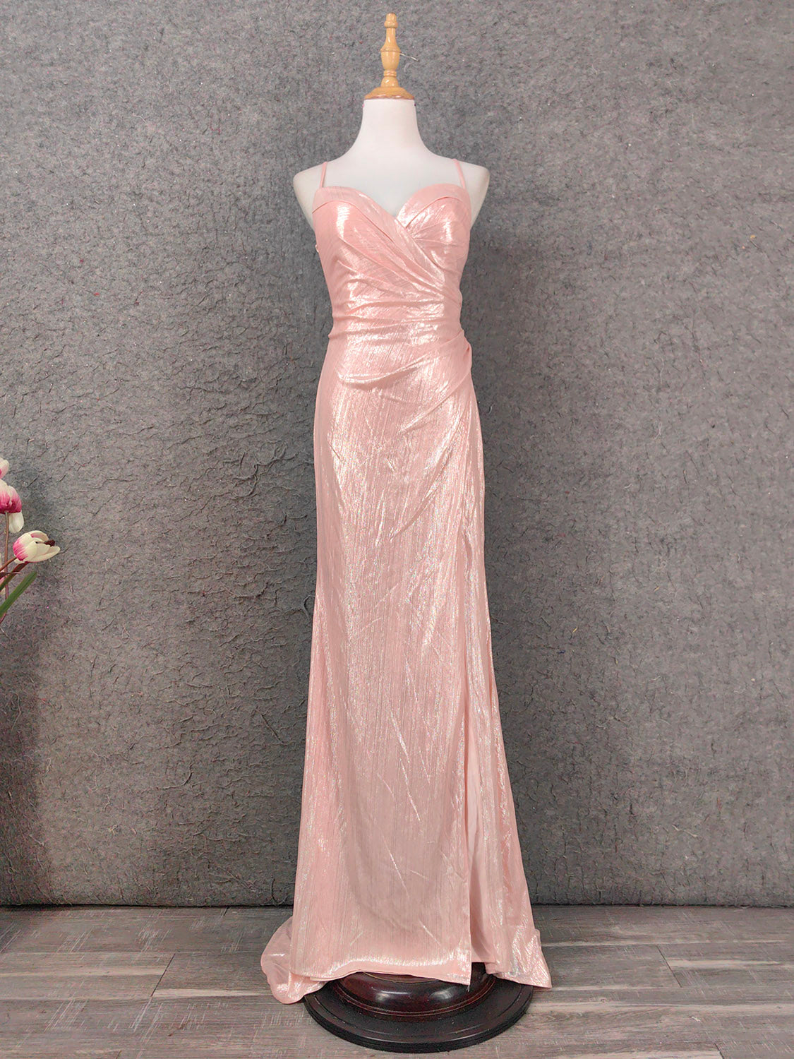 Sweet Pink Spaghetti Strap V-Neck Ruffled Open Back Satin Train Formal Prom Dresses Bridesmaid Dresses