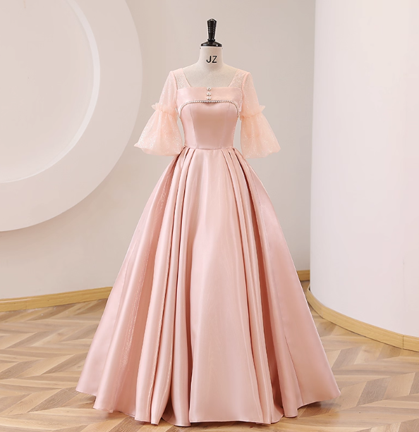 Sweet Pink Square Neck Lace Sleeve Satin Ball Gown Prom Dresses Sweet 16 Dresses Secondary image