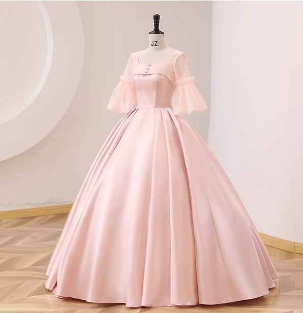 Sweet Pink Square Neck Lace Sleeve Satin Ball Gown Prom Dresses Sweet 16 Dresses