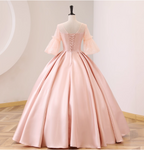 Sweet Pink Square Neck Lace Sleeve Satin Ball Gown Prom Dresses Sweet 16 Dresses