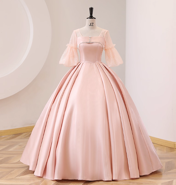 Sweet Pink Square Neck Lace Sleeve Satin Ball Gown Prom Dresses Sweet 16 Dresses