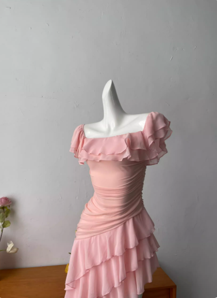 Sweet Pink Square Neck Ruffle Irregular Chiffon Long Formal Prom Dresses