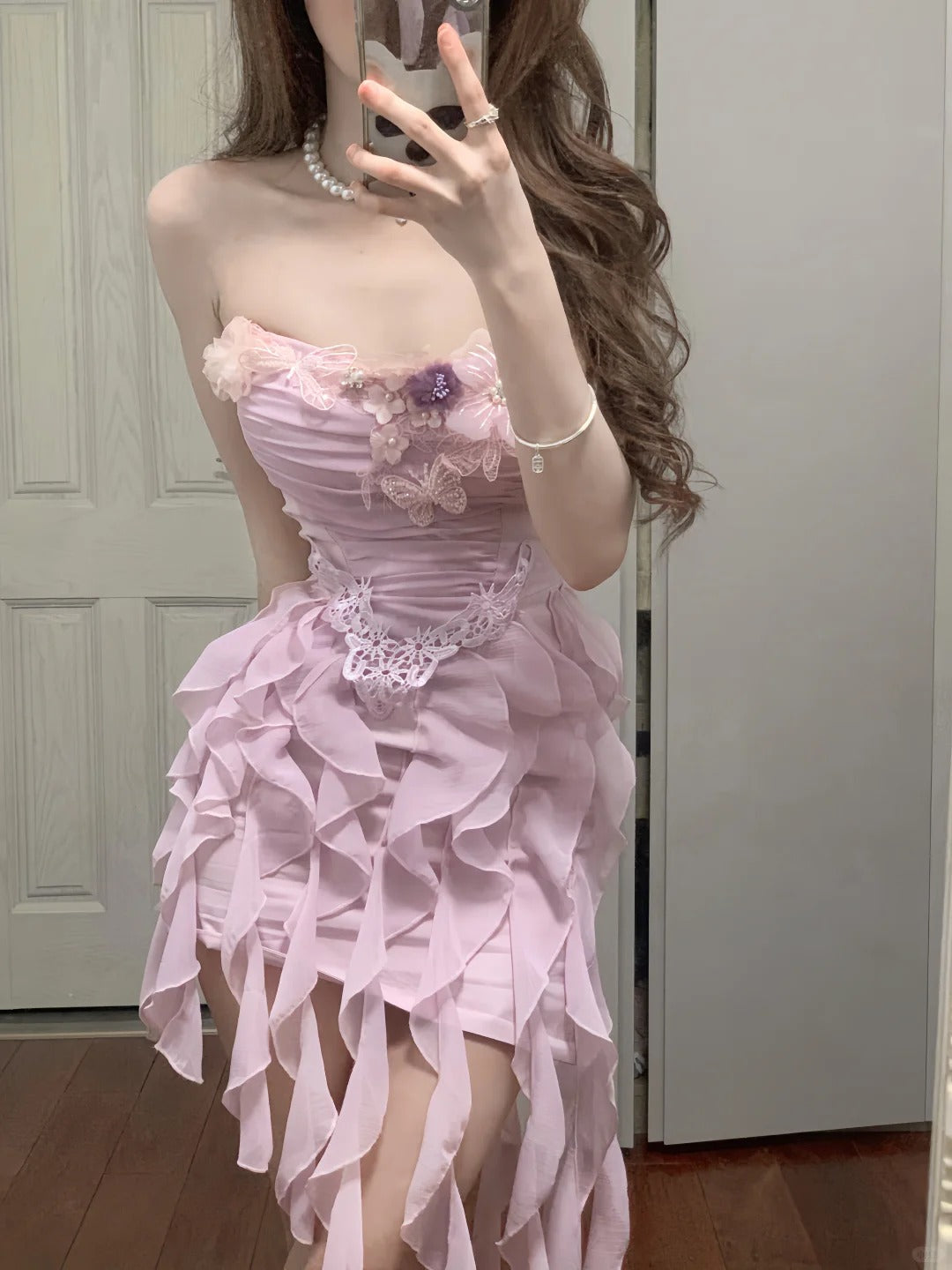 Sweet Pink Strapless Chiffon Bodycon Jellyfish Skirt Homecoming Dresses Secondary image