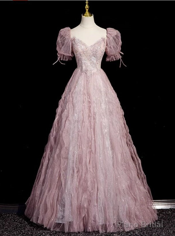 Sweet Pink Tulle Sequins Puff Sleeve Prom Dress Main image