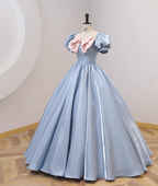 Sweet Princess Light Blue Square Neck Bow Puff Sleeve Satin Ball Gown Prom Dresses Sweet 16 Dresses