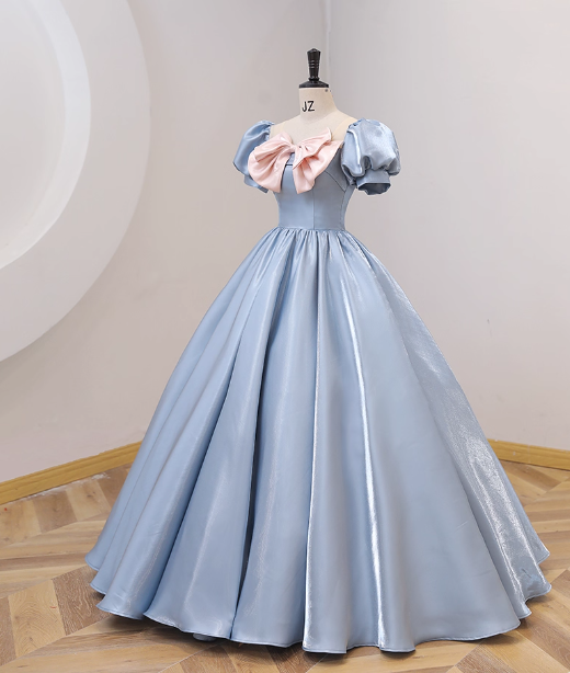 Sweet Princess Light Blue Square Neck Bow Puff Sleeve Satin Ball Gown Prom Dresses Sweet 16 Dresses