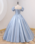 Sweet Princess Light Blue Square Neck Bow Puff Sleeve Satin Ball Gown Prom Dresses Sweet 16 Dresses