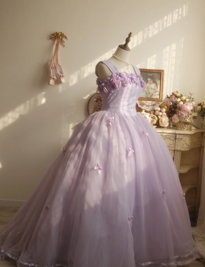 Sweet Princess Light Purple 3D Floral Square Neck Bow Tulle Ball Gown Prom Dresses Sweet 16 Dresses Secondary image