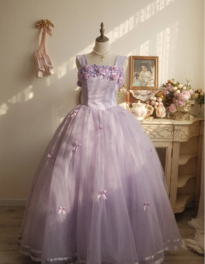 Sweet Princess Light Purple 3D Floral Square Neck Bow Tulle Ball Gown Prom Dresses Sweet 16 Dresses