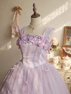 Sweet Princess Light Purple 3D Floral Square Neck Bow Tulle Ball Gown Prom Dresses Sweet 16 Dresses