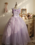 Sweet Princess Light Purple 3D Floral Square Neck Bow Tulle Ball Gown Prom Dresses Sweet 16 Dresses