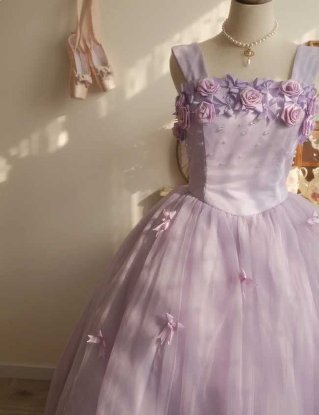 Sweet Princess Light Purple 3D Floral Square Neck Bow Tulle Ball Gown Prom Dresses Sweet 16 Dresses