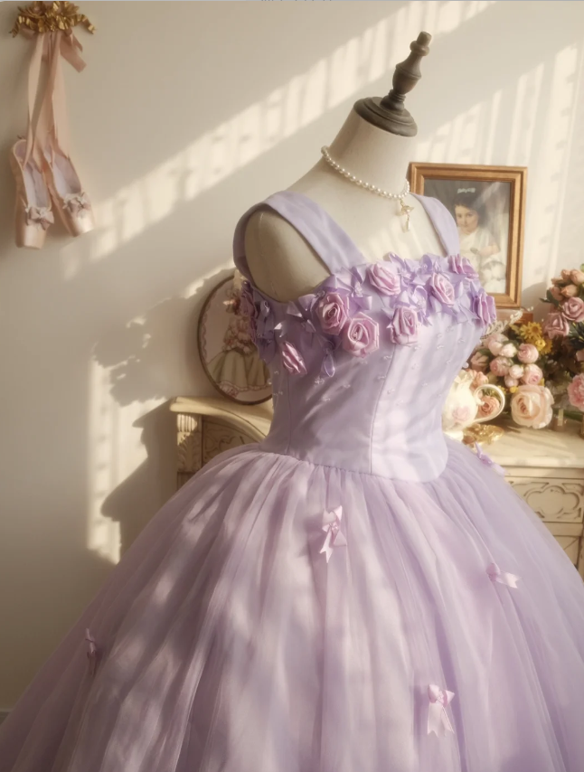 Sweet Princess Light Purple 3D Floral Square Neck Bow Tulle Ball Gown Prom Dresses Sweet 16 Dresses