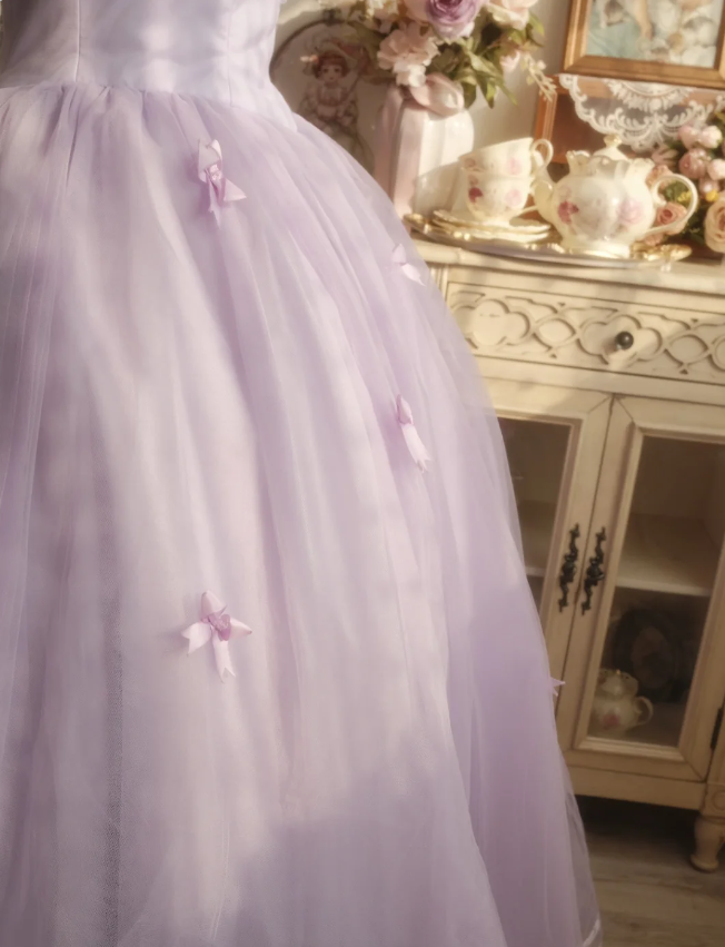 Sweet Princess Light Purple 3D Floral Square Neck Bow Tulle Ball Gown Prom Dresses Sweet 16 Dresses