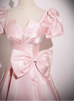 Sweet Princess Pink A-Line Short Sleeve Bow Satin Long Formal Prom Dresses