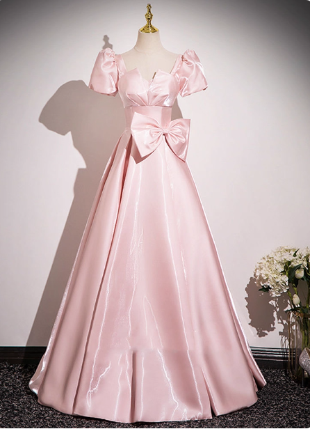 Sweet Princess Pink A-Line Short Sleeve Bow Satin Long Formal Prom Dresses