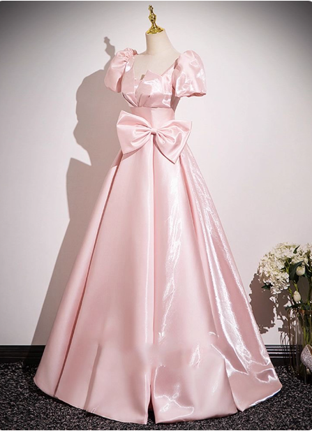 Sweet Princess Pink A-Line Short Sleeve Bow Satin Long Formal Prom Dresses