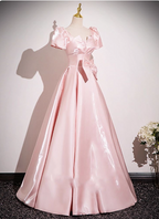 Sweet Princess Pink A-Line Short Sleeve Bow Satin Long Formal Prom Dresses