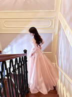 Sweet Princess Pink A-Line Spaghetti Strap Satin Long Formal Prom Dresses