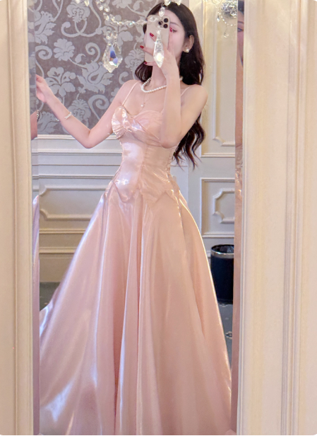 Sweet Princess Pink A-Line Spaghetti Strap Satin Long Formal Prom Dresses