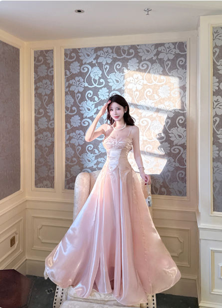 Sweet Princess Pink A-Line Spaghetti Strap Satin Long Formal Prom Dresses