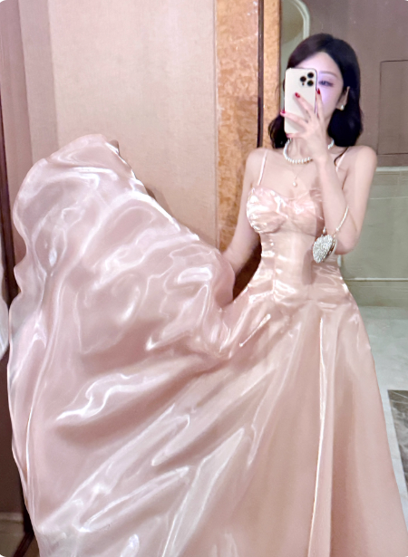 Sweet Princess Pink A-Line Spaghetti Strap Satin Long Formal Prom Dresses Main image