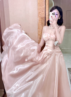 Sweet Princess Pink A-Line Spaghetti Strap Satin Long Formal Prom Dresses