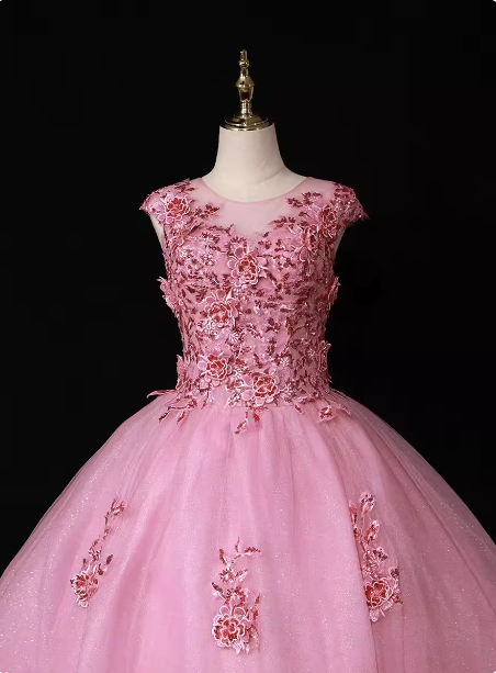 Sweet Princess Pink Crew Neck Embroidered Tulle Long Formal Prom Dresses Secondary image