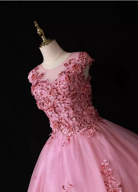 Sweet Princess Pink Crew Neck Embroidered Tulle Long Formal Prom Dresses