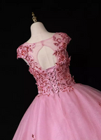 Sweet Princess Pink Crew Neck Embroidered Tulle Long Formal Prom Dresses