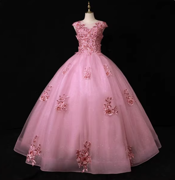 Sweet Princess Pink Crew Neck Embroidered Tulle Long Formal Prom Dresses Main image