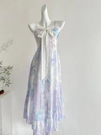 Sweet Purple And Blue Gradient A-Line Suspender Bow Chiffon Long Formal Prom Dresses