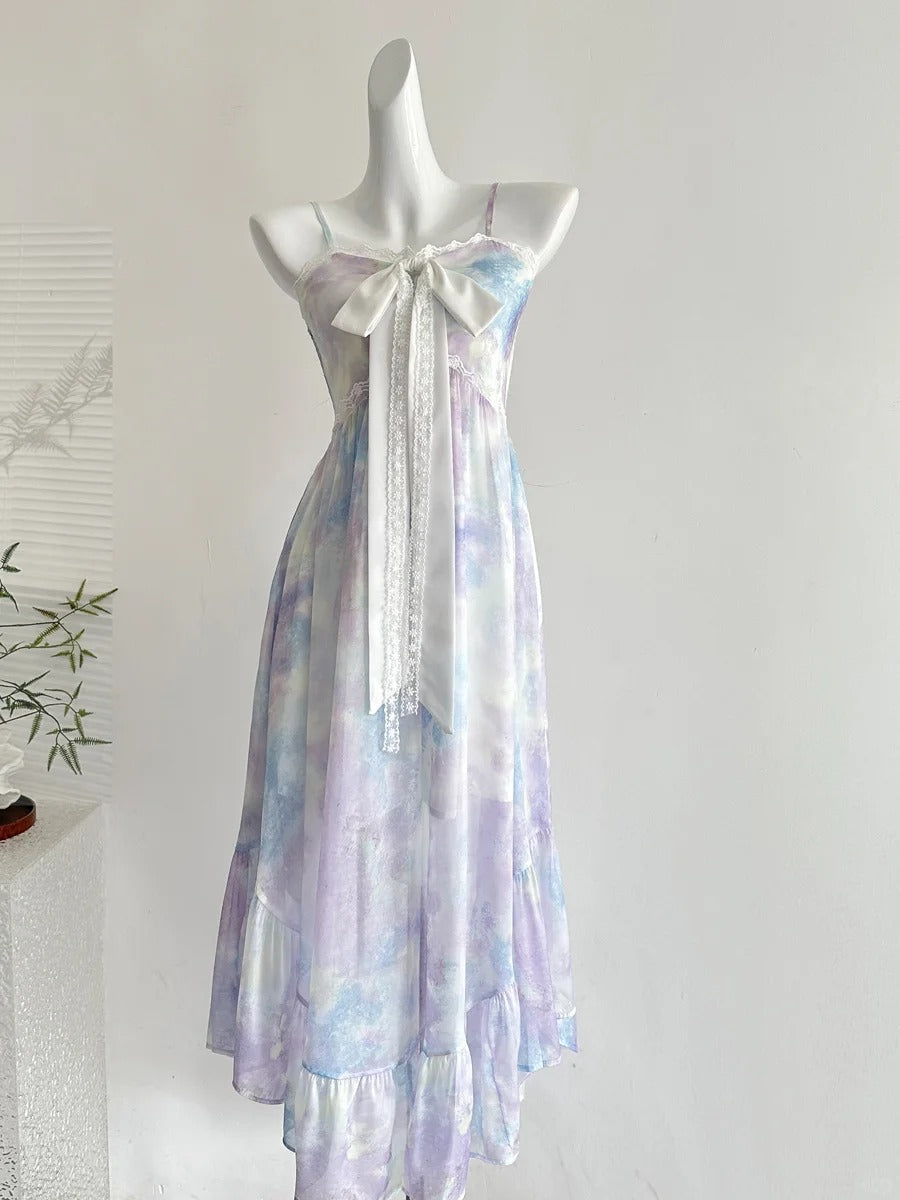 Sweet Purple And Blue Gradient A-Line Suspender Bow Chiffon Long Formal Prom Dresses
